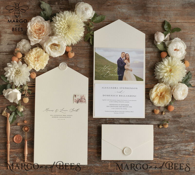 Elegant Tri Fold Wedding Invitations: Bespoke Nude Wedding Cards with Custom Photo - Affordable and Handmade Wedding Invitation Suite-9