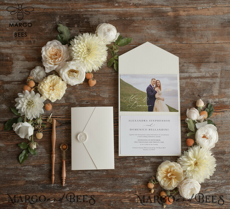 Elegant Tri Fold Wedding Invitations: Bespoke Nude Wedding Cards with Custom Photo - Affordable and Handmade Wedding Invitation Suite-0