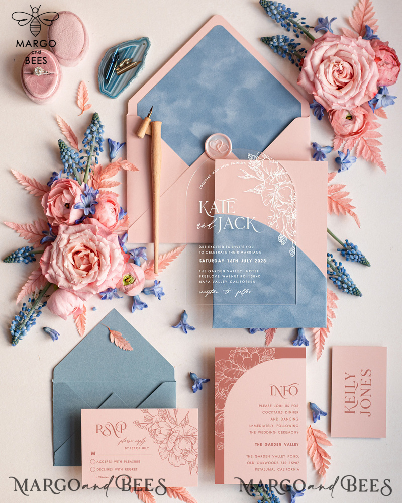 Elegant Arch Acrylic Wedding Invitations, Velvet Pocket Light blue Modern Wedding Cards, blush pink ice blue, Plexi Wedding Invitation Suite,  Arch Modern Wedding Invites,-0