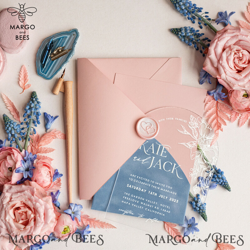 Elegant Arch Acrylic Wedding Invitations: Modern Design with Velvet Pocket and Light Blue Accents 
Blush Pink and Ice Blue Plexi Wedding Invitation Suite: Arch Modern Wedding Invites that Exude Elegance-4