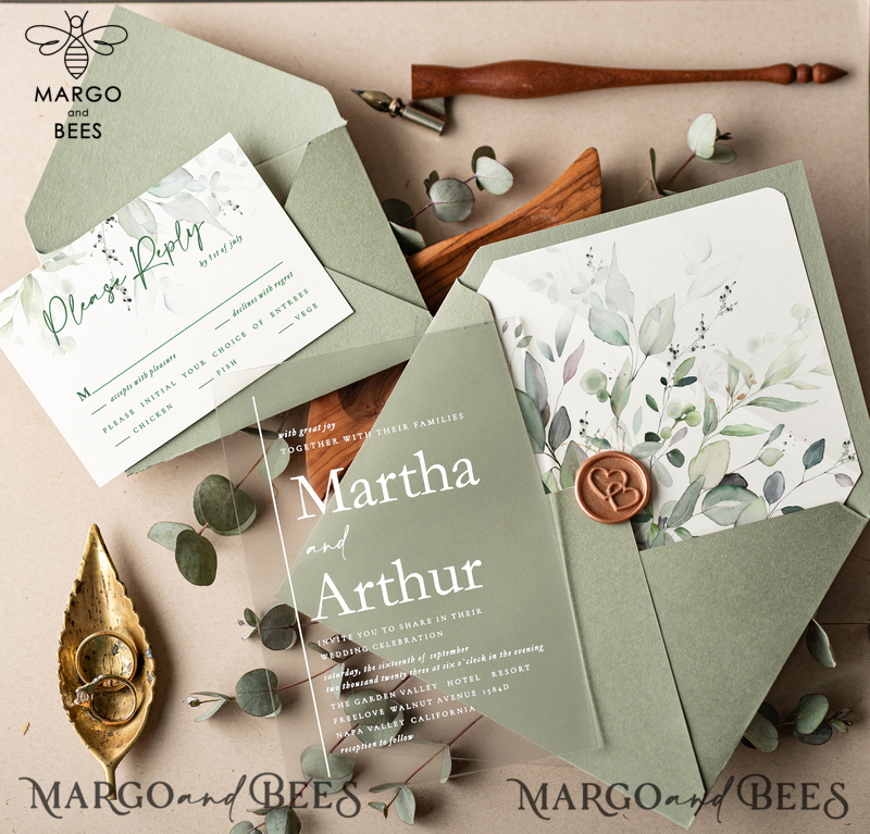 sage Green Acrylic Wedding Invitations, Tuscany Italian Plexi Wedding Invitation Suite, Greenery Wedding Invites, Green Leaf Eucalyptus Wedding Stationery-1