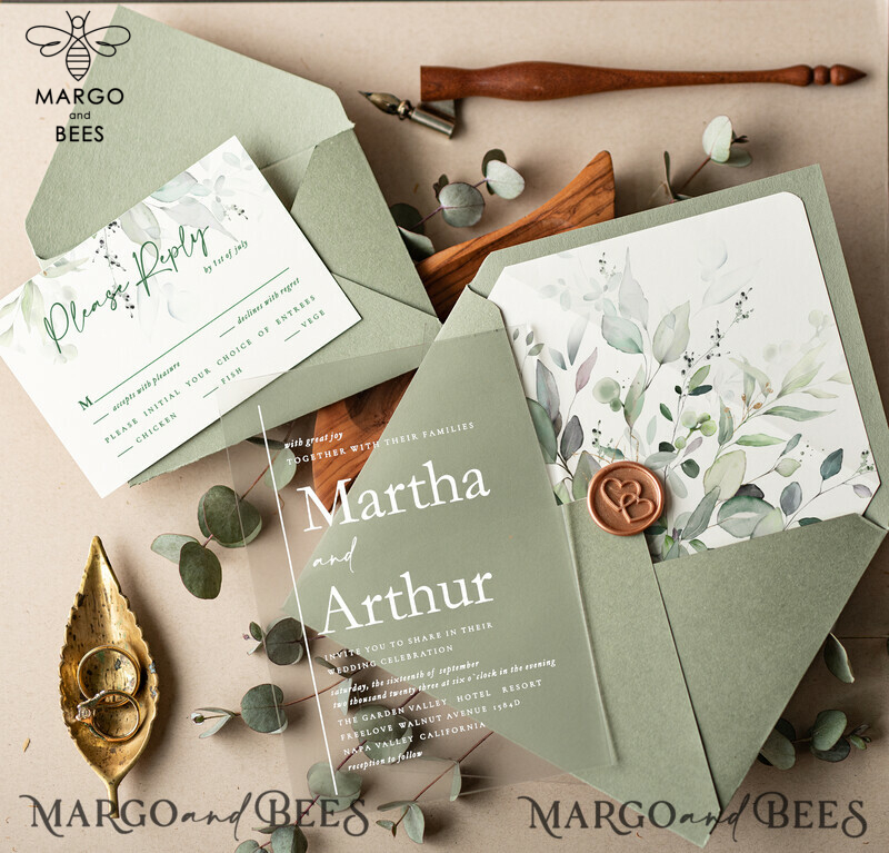 Elegant Sage Green Acrylic Wedding Invitations: Tuscany Italian Plexi Suite with Greenery and Eucalyptus Leaf Design-1