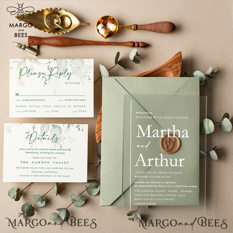 Elegant Sage Green Acrylic Wedding Invitations: Tuscany Italian Plexi Suite with Greenery and Eucalyptus Leaf Design-0