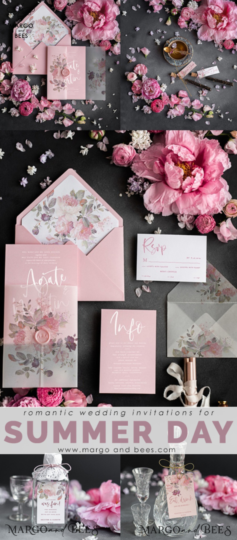 Glamour Pink Wedding Invitations: Romantic Floral Wedding Invites with Luxury Vellum Wrapping - Delicate and Handmade Wedding Stationery-1
