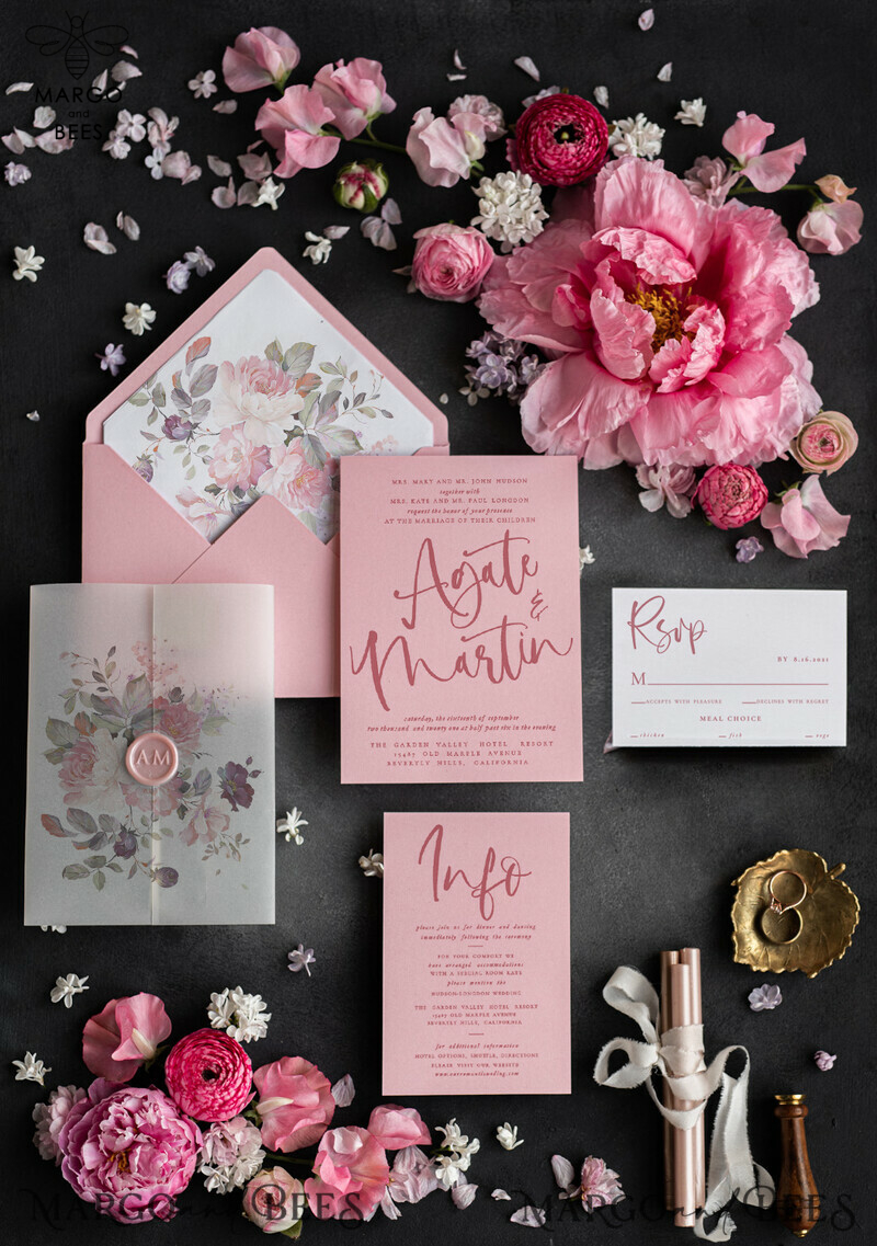 Glamour Pink Wedding Invitations: Romantic Floral Wedding Invites with Luxury Vellum Wrapping - Delicate and Handmade Wedding Stationery-6