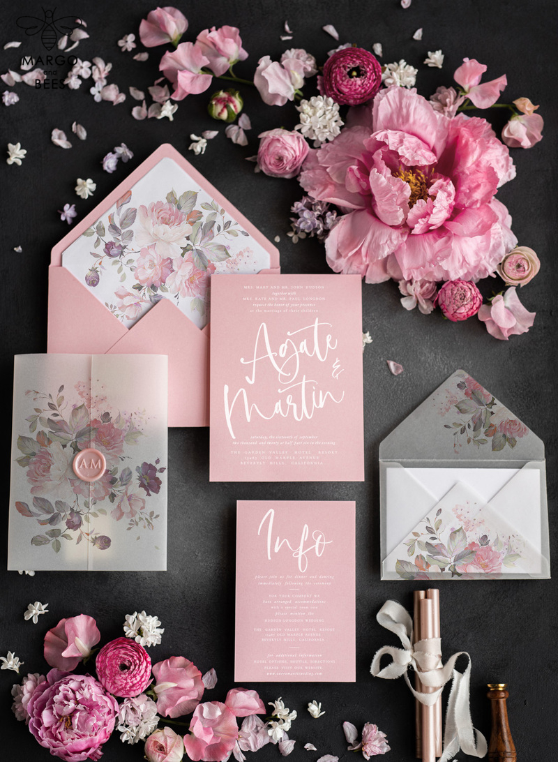 Glamour Pink Wedding Invitations: Romantic Floral Wedding Invites with Luxury Vellum Wrapping - Delicate and Handmade Wedding Stationery-2