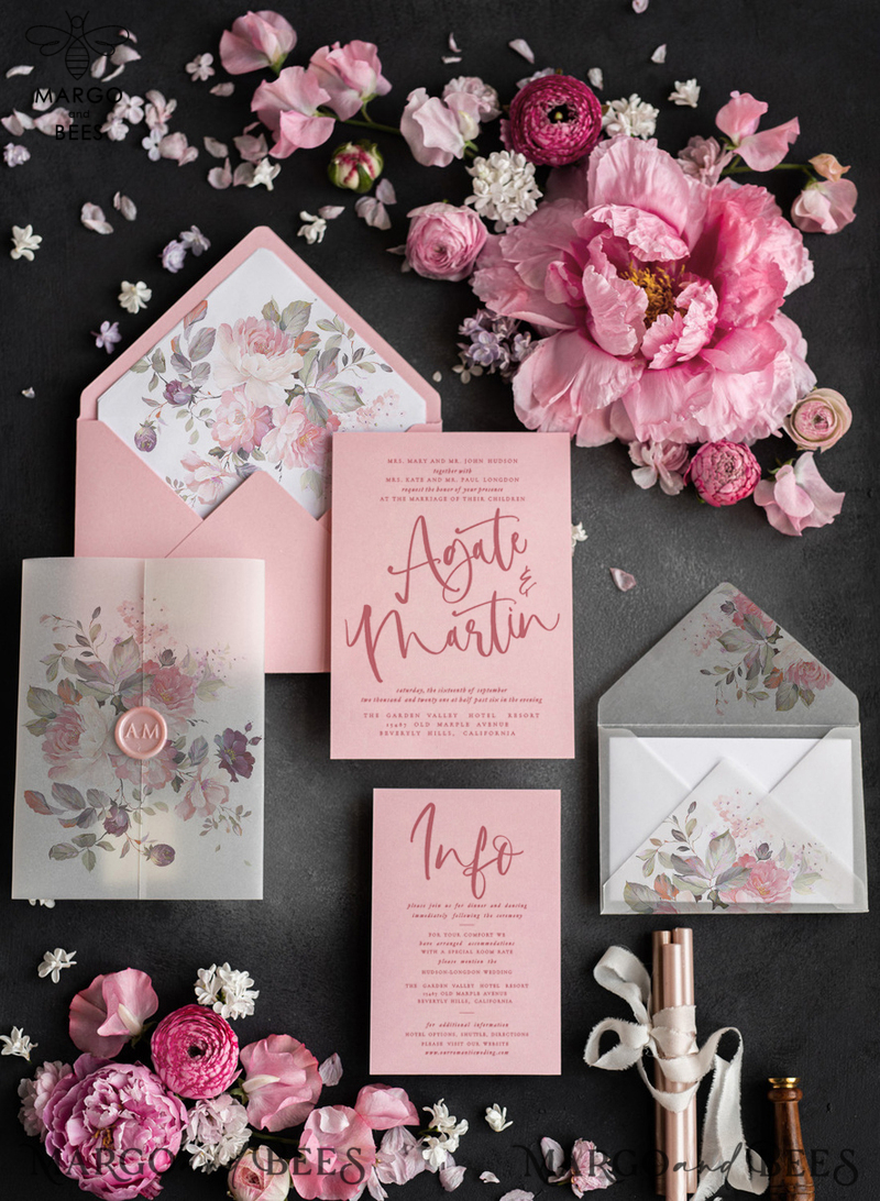 Glamour Pink Wedding Invitations, Romantic Floral Wedding Invites, Luxury Wedding Cards With Vellum Wrapping, Delicate And Handmade Wedding Stationery-0