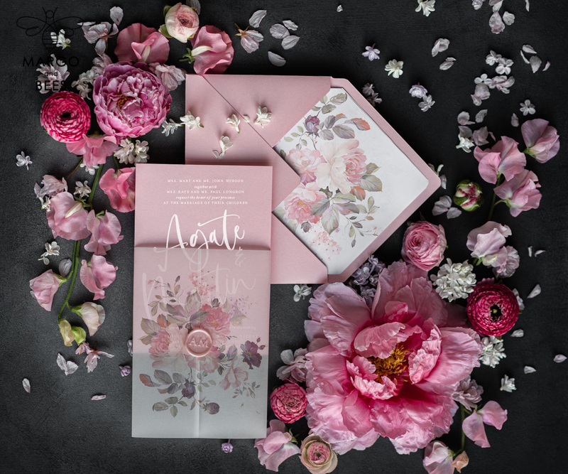 Glamour Pink Wedding Invitations: Romantic Floral Wedding Invites with Luxury Vellum Wrapping - Delicate and Handmade Wedding Stationery-4