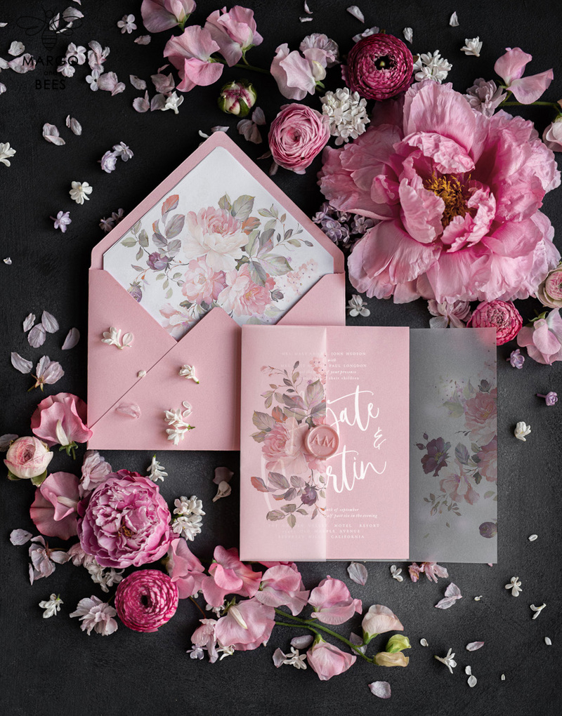 Elegant wedding invitations pastel pink blush romantic with cover and wax seal-6