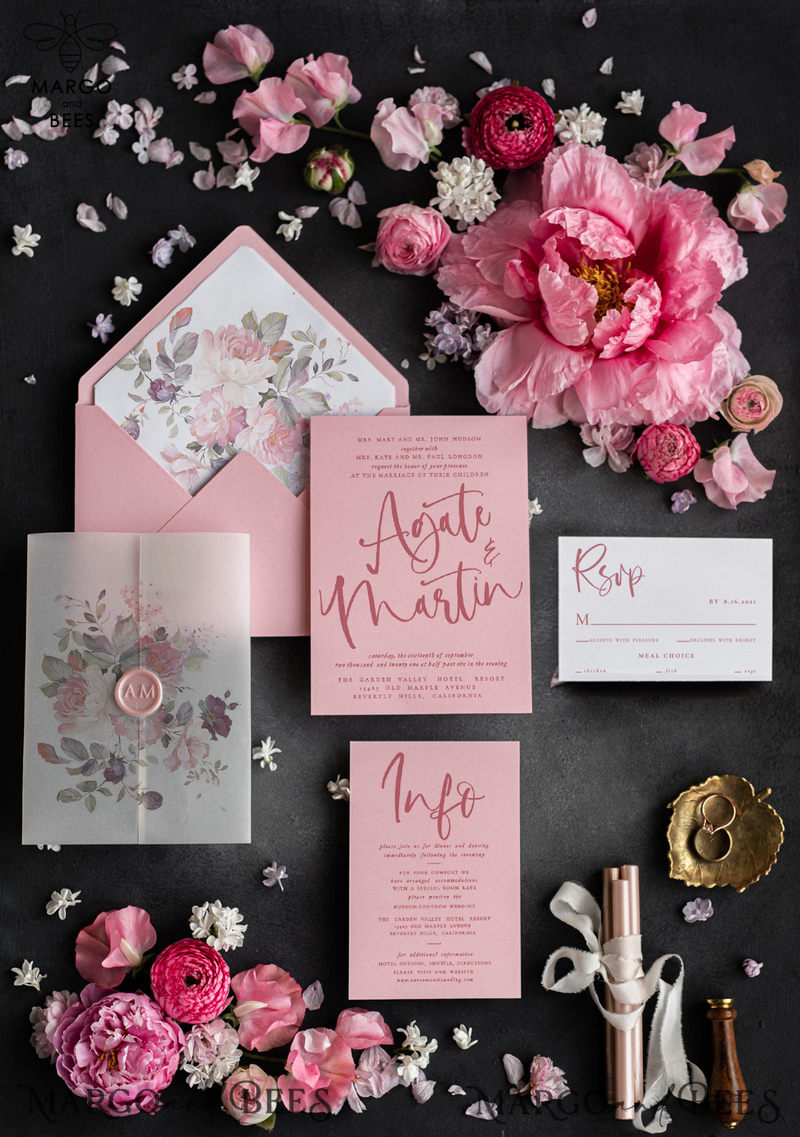 Glamour Pink Wedding Invitations, Romantic Floral Wedding Invites, Luxury Wedding Cards With Vellum Wrapping, Delicate And Handmade Wedding Stationery-1