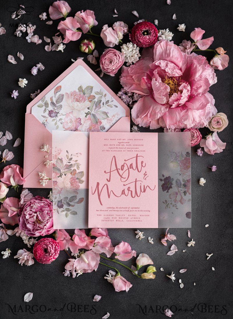 Glamour Pink Wedding Invitations, Romantic Floral Wedding Invites, Luxury Wedding Cards With Vellum Wrapping, Delicate And Handmade Wedding Stationery-2