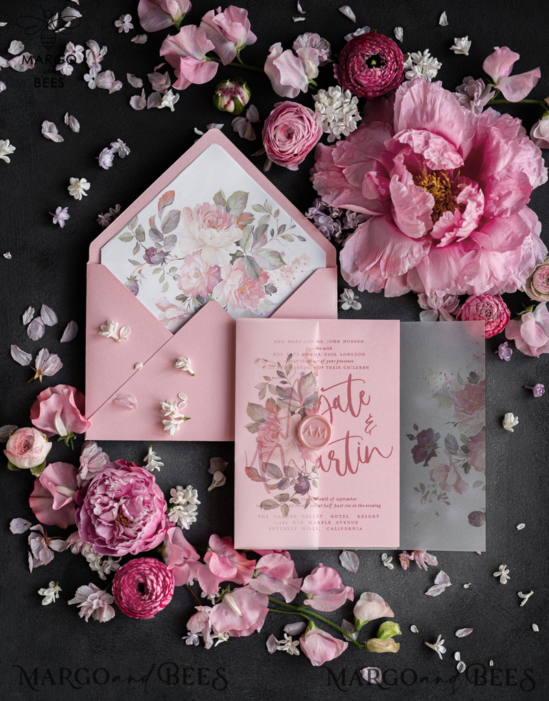 Glamour Pink Wedding Invitations, Romantic Floral Wedding Invites, Luxury Wedding Cards With Vellum Wrapping, Delicate And Handmade Wedding Stationery-3