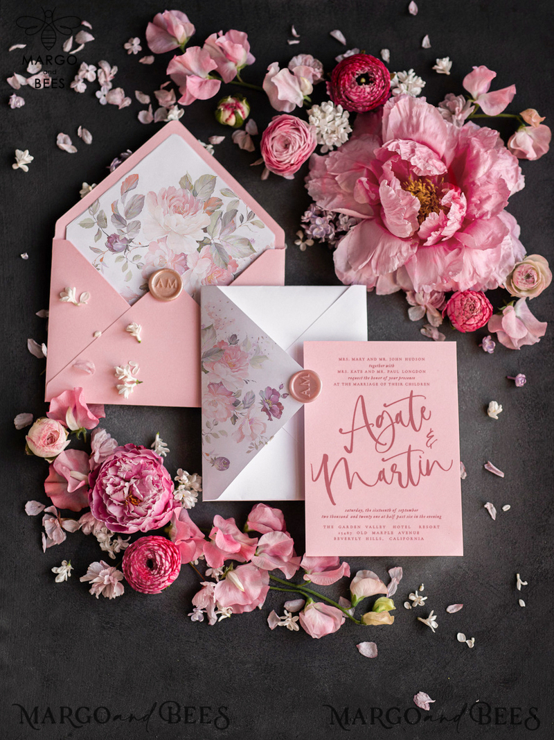Glamour Pink Wedding Invitations, Romantic Floral Wedding Invites, Luxury Wedding Cards With Vellum Wrapping, Delicate And Handmade Wedding Stationery-4