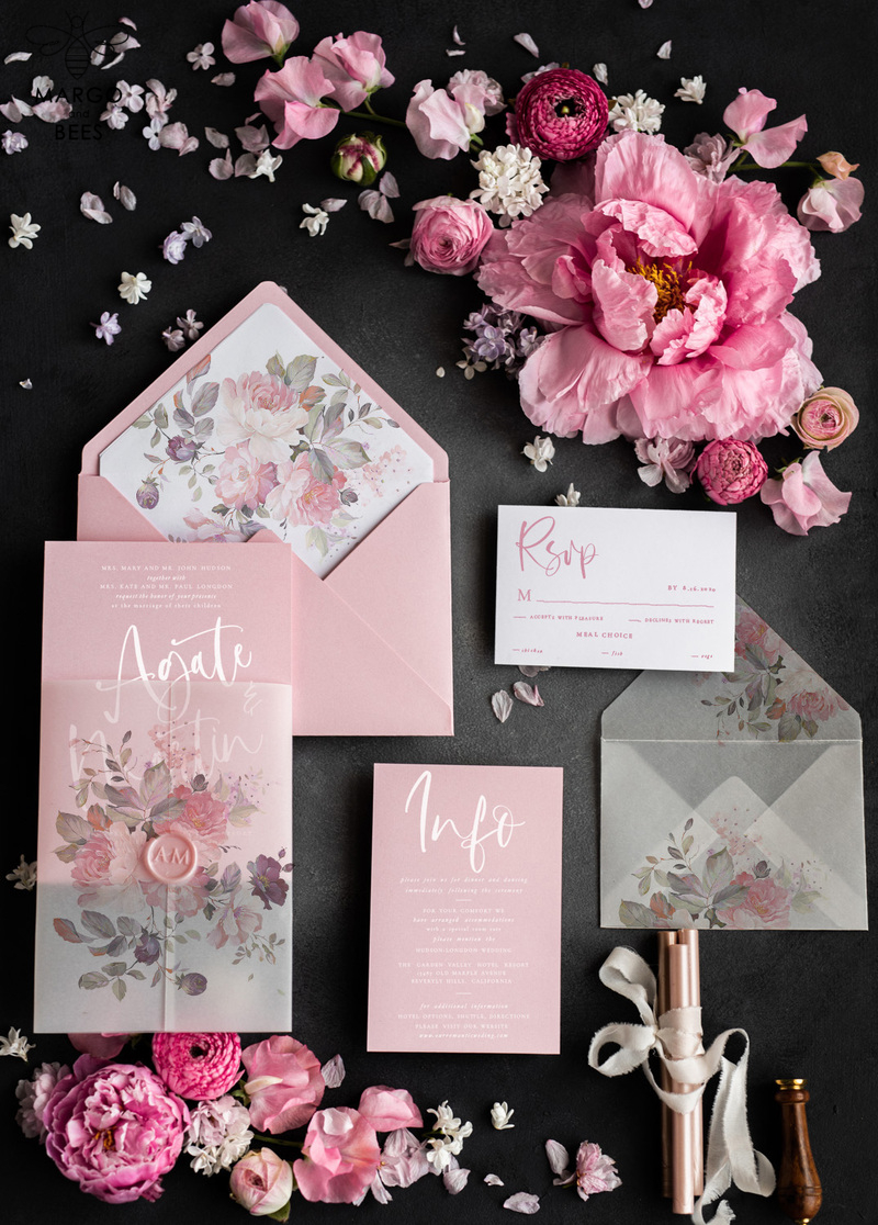 Glamour Pink Wedding Invitations: Romantic Floral Wedding Invites with Luxury Vellum Wrapping - Delicate and Handmade Wedding Stationery-0