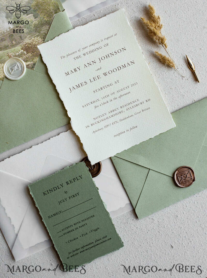 Vintage Sage Green Wedding Invitations, Elegant Greenery Wedding Invites, Handmade Vellum Wedding Invitation Suite, Minimalistic Green Wedding Cards-1