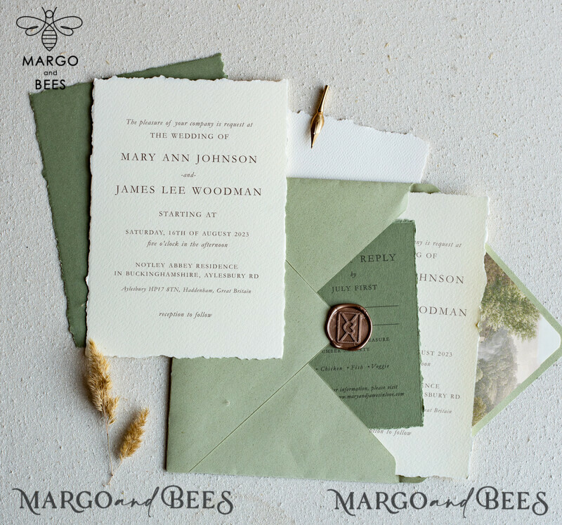 Vintage Sage Green Wedding Invitations, Elegant Greenery Wedding Invites, Handmade Vellum Wedding Invitation Suite, Minimalistic Green Wedding Cards-12