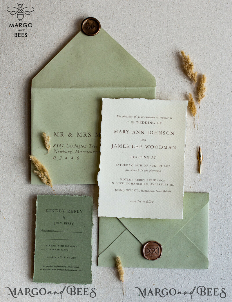 Unique wedding invitations glamour chic invites, craft paper stationery, elegant sage green wedding suite-13