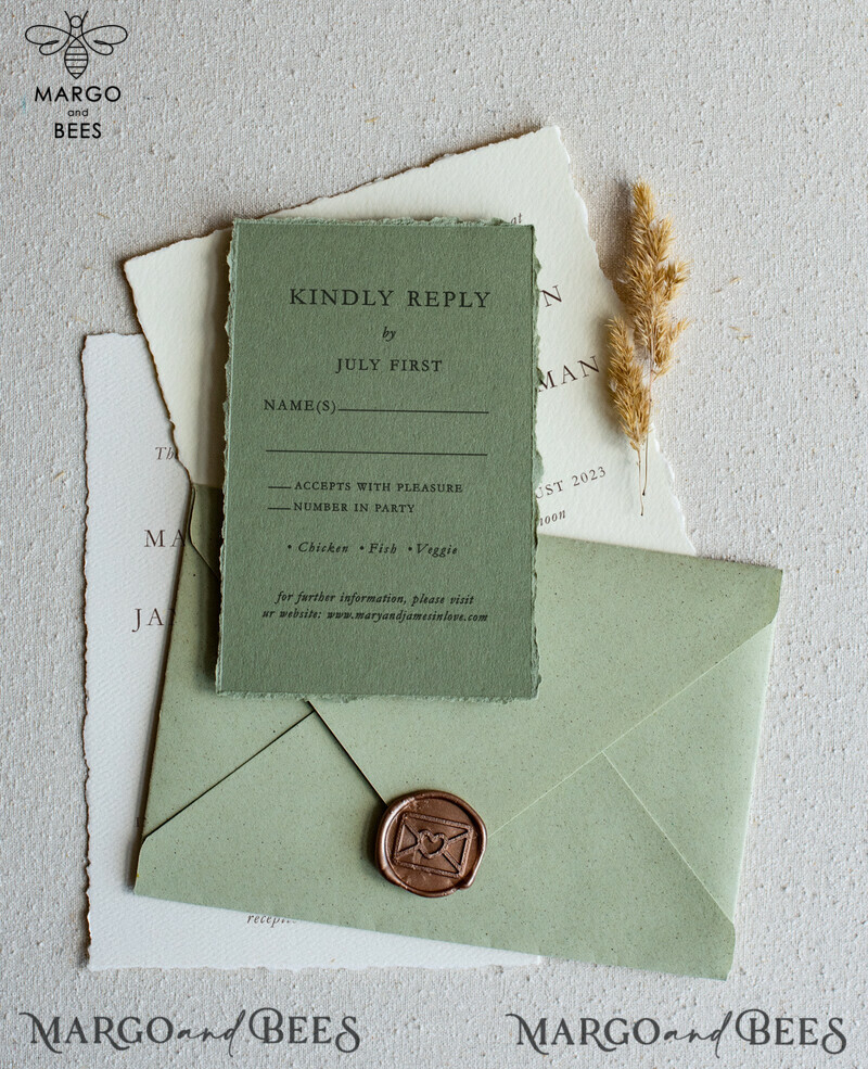Unique wedding invitations glamour chic invites, craft paper stationery, elegant sage green wedding suite-16