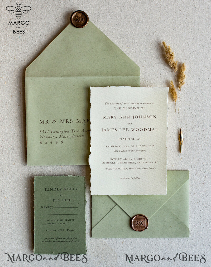 Unique wedding invitations glamour chic invites, craft paper stationery, elegant sage green wedding suite-3