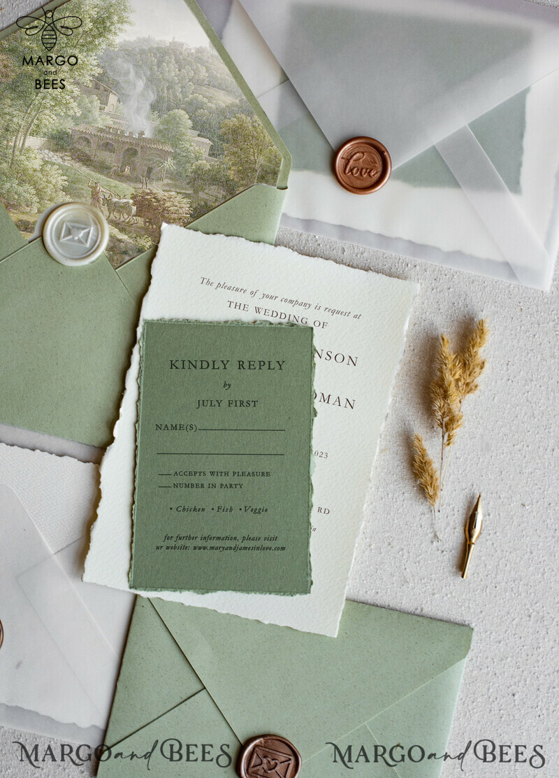 Unique wedding invitations glamour chic invites, craft paper stationery, elegant sage green wedding suite-4