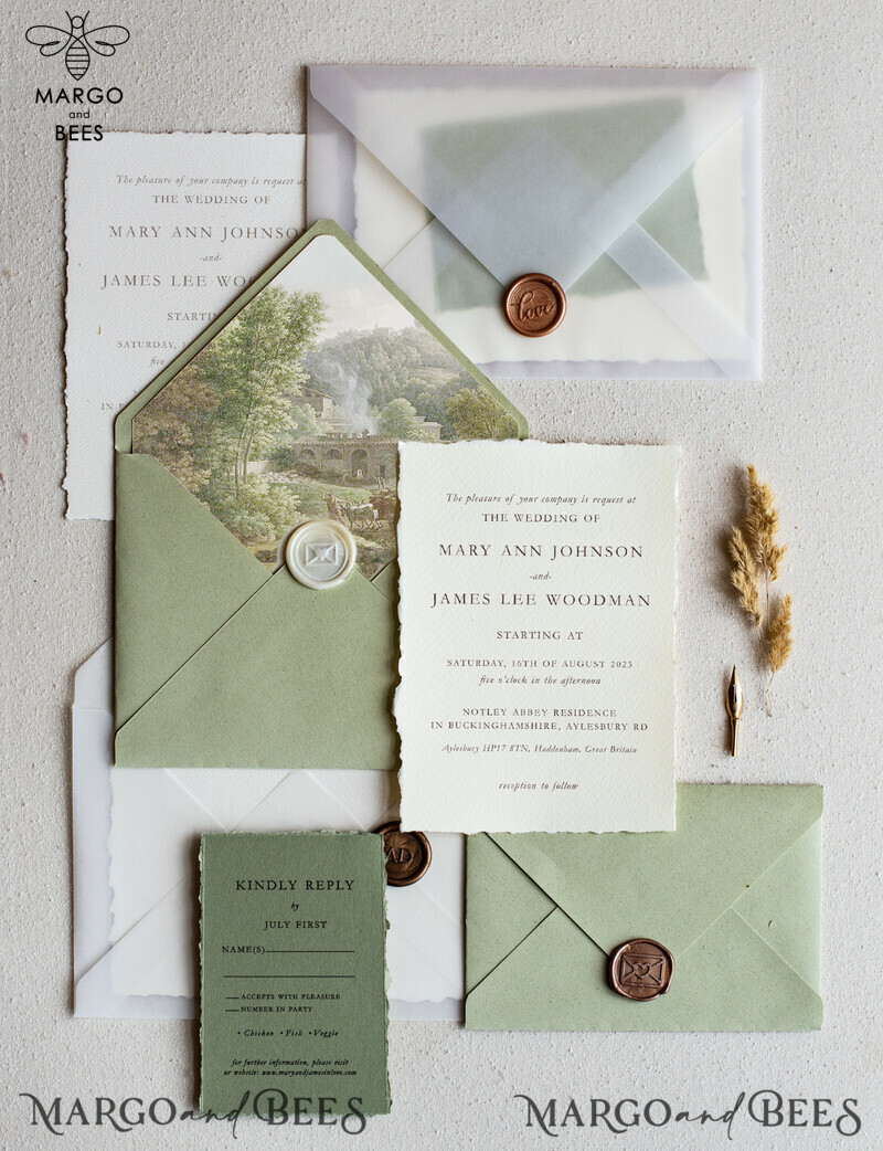 Unique wedding invitations glamour chic invites, craft paper stationery, elegant sage green wedding suite-5