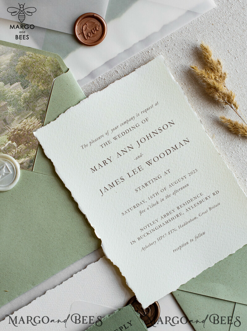 Vintage Sage Green Wedding Invitations, Elegant Greenery Wedding Invites, Handmade Vellum Wedding Invitation Suite, Minimalistic Green Wedding Cards-8