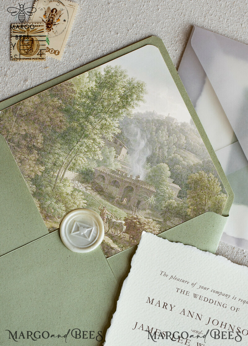 Unique wedding invitations glamour chic invites, craft paper stationery, elegant sage green wedding suite-9