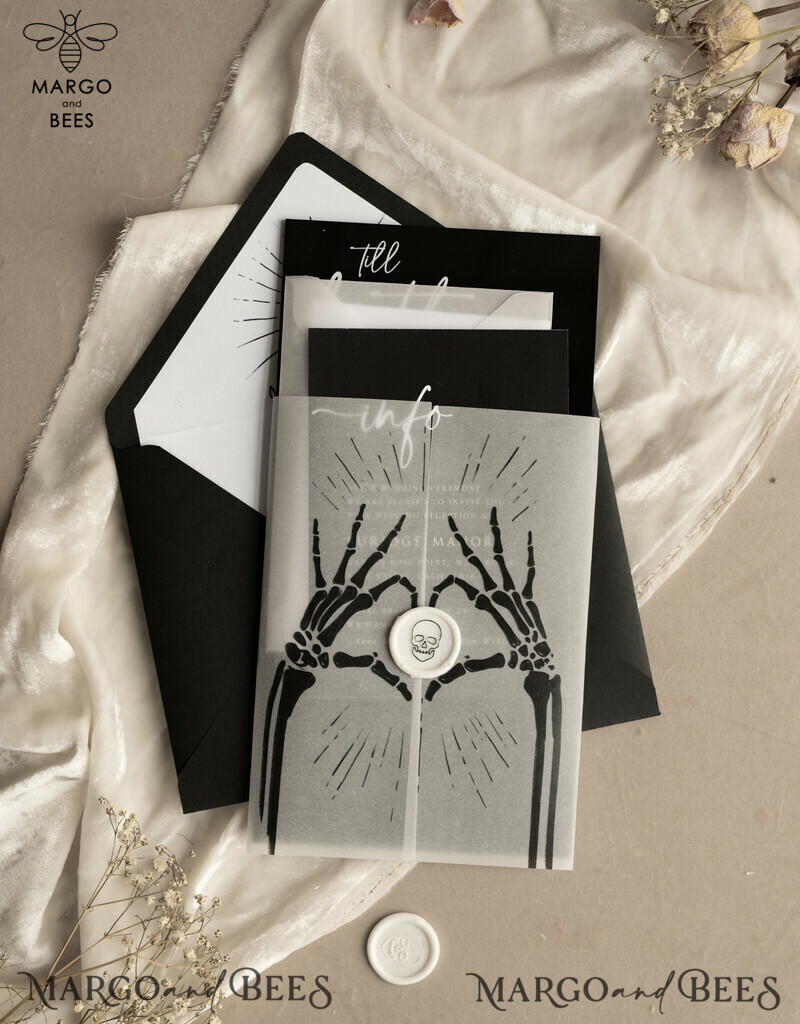 Black Halloween wedding invitation set, Gloss Black Acrylic Invites, Goth Wedding Stationery, skeleton lovers black plexi wedding invitations set-6