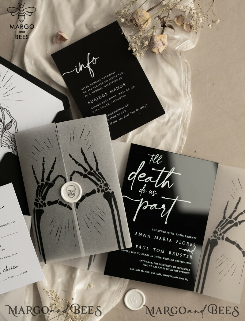 Black Halloween wedding invitation set, Gloss Black Acrylic Invites, Goth Wedding Stationery, skeleton lovers black plexi wedding invitations set-7