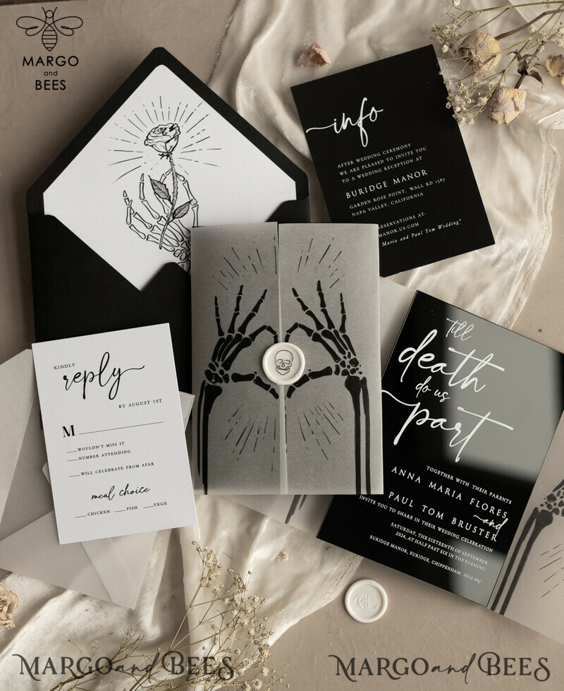 Black Halloween wedding invitation set, Gloss Black Acrylic Invites, Goth Wedding Stationery, skeleton lovers black plexi wedding invitations set-8