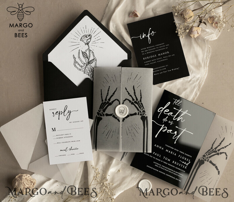 Black Halloween wedding invitation set, Gloss Black Acrylic Invites, Goth Wedding Stationery, skeleton lovers black plexi wedding invitations set-9