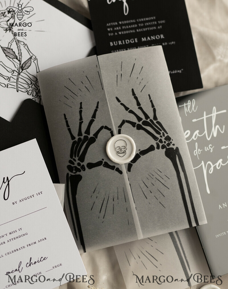 Black Halloween wedding invitation set, Gloss Black Acrylic Invites, Goth Wedding Stationery, skeleton lovers black plexi wedding invitations set-10