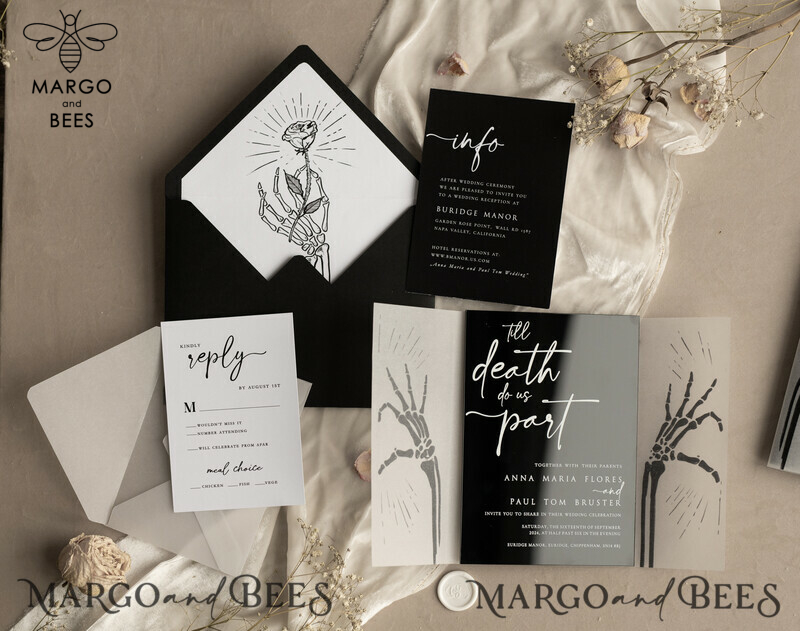 Black Halloween wedding invitation set, Gloss Black Acrylic Invites, Goth Wedding Stationery, skeleton lovers black plexi wedding invitations set-12