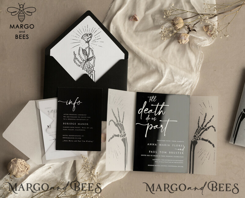 Black Halloween wedding invitation set, Gloss Black Acrylic Invites, Goth Wedding Stationery, skeleton lovers black plexi wedding invitations set-13