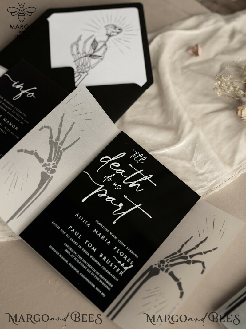 Black Halloween wedding invitation set, Gloss Black Acrylic Invites, Goth Wedding Stationery, skeleton lovers black plexi wedding invitations set-14