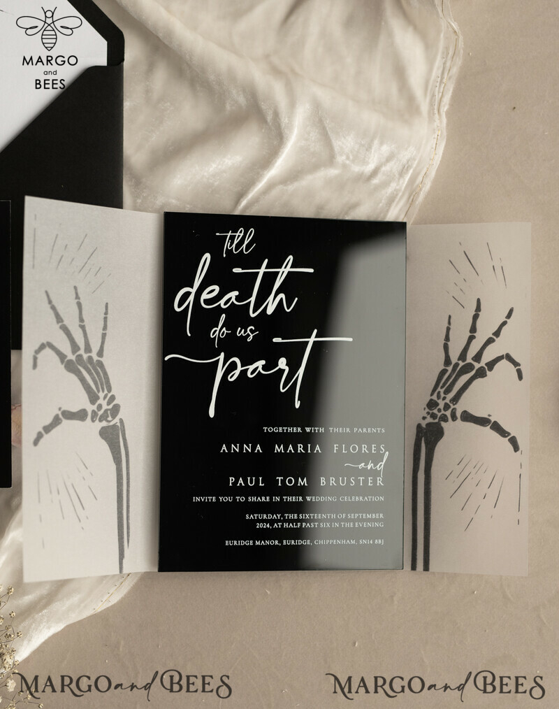 Black Halloween wedding invitation set, Gloss Black Acrylic Invites, Goth Wedding Stationery, skeleton lovers black plexi wedding invitations set-15
