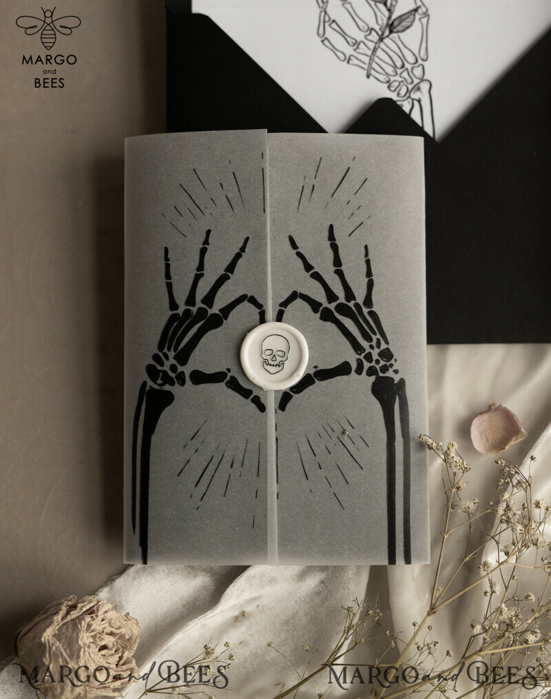 Black Halloween wedding invitation set, Gloss Black Acrylic Invites, Goth Wedding Stationery, skeleton lovers black plexi wedding invitations set-17