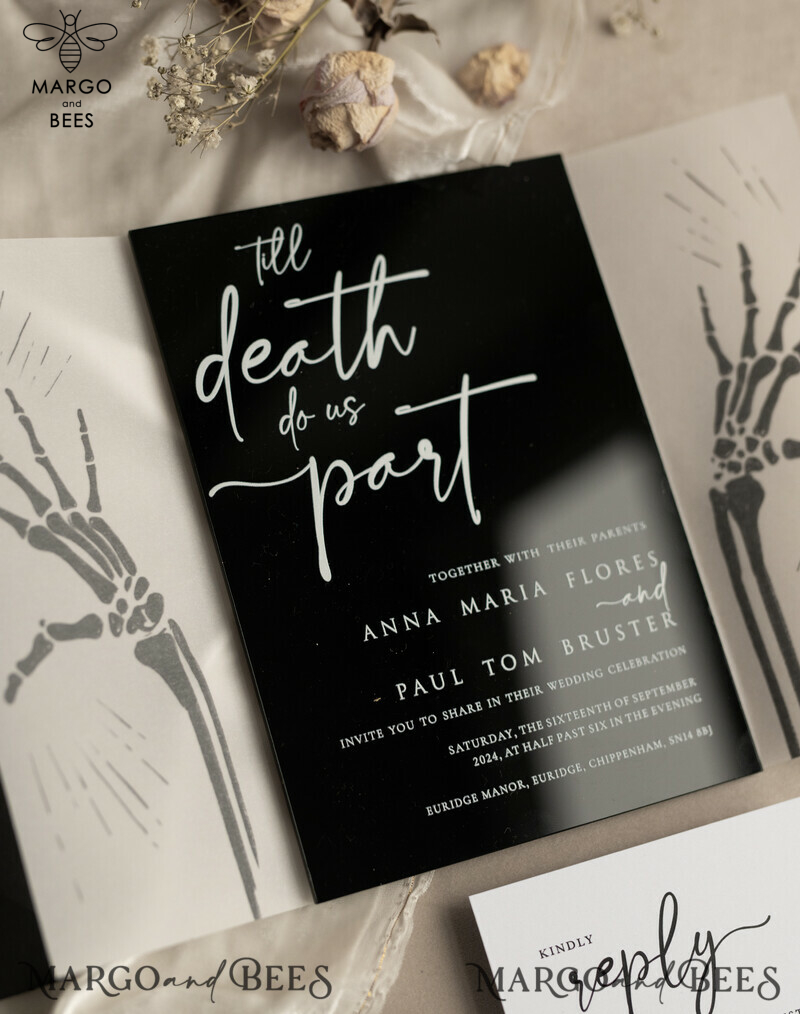 Black Halloween wedding invitation set, Gloss Black Acrylic Invites, Goth Wedding Stationery, skeleton lovers black plexi wedding invitations set-20