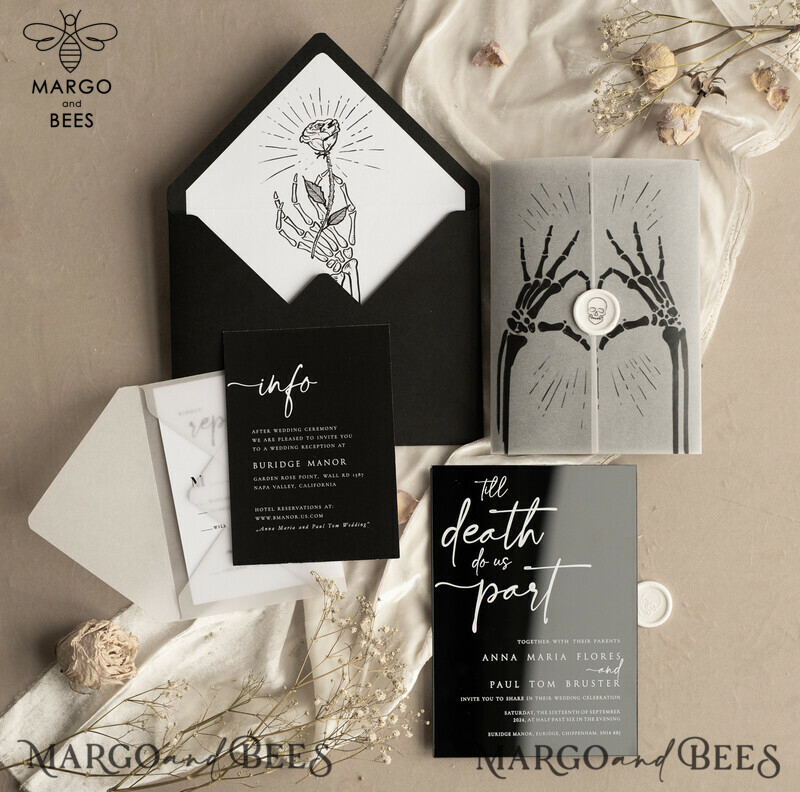 Black Halloween wedding invitation set, Gloss Black Acrylic Invites, Goth Wedding Stationery, skeleton lovers black plexi wedding invitations set-3