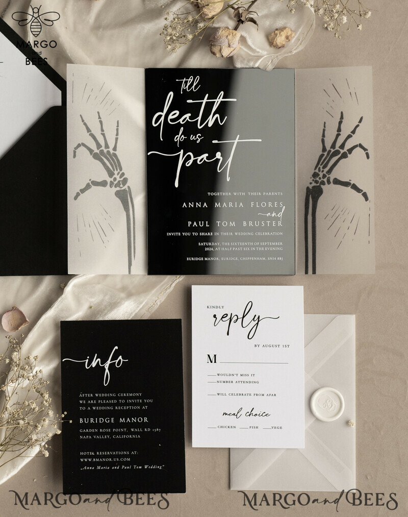 Black Halloween wedding invitation set, Gloss Black Acrylic Invites, Goth Wedding Stationery, skeleton lovers black plexi wedding invitations set-4