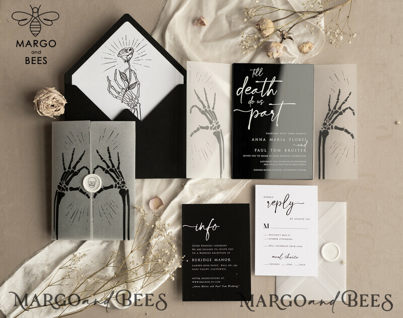 Black Halloween wedding invitation set, Gloss Black Acrylic Invites, Goth Wedding Stationery, skeleton lovers black plexi wedding invitations set-0