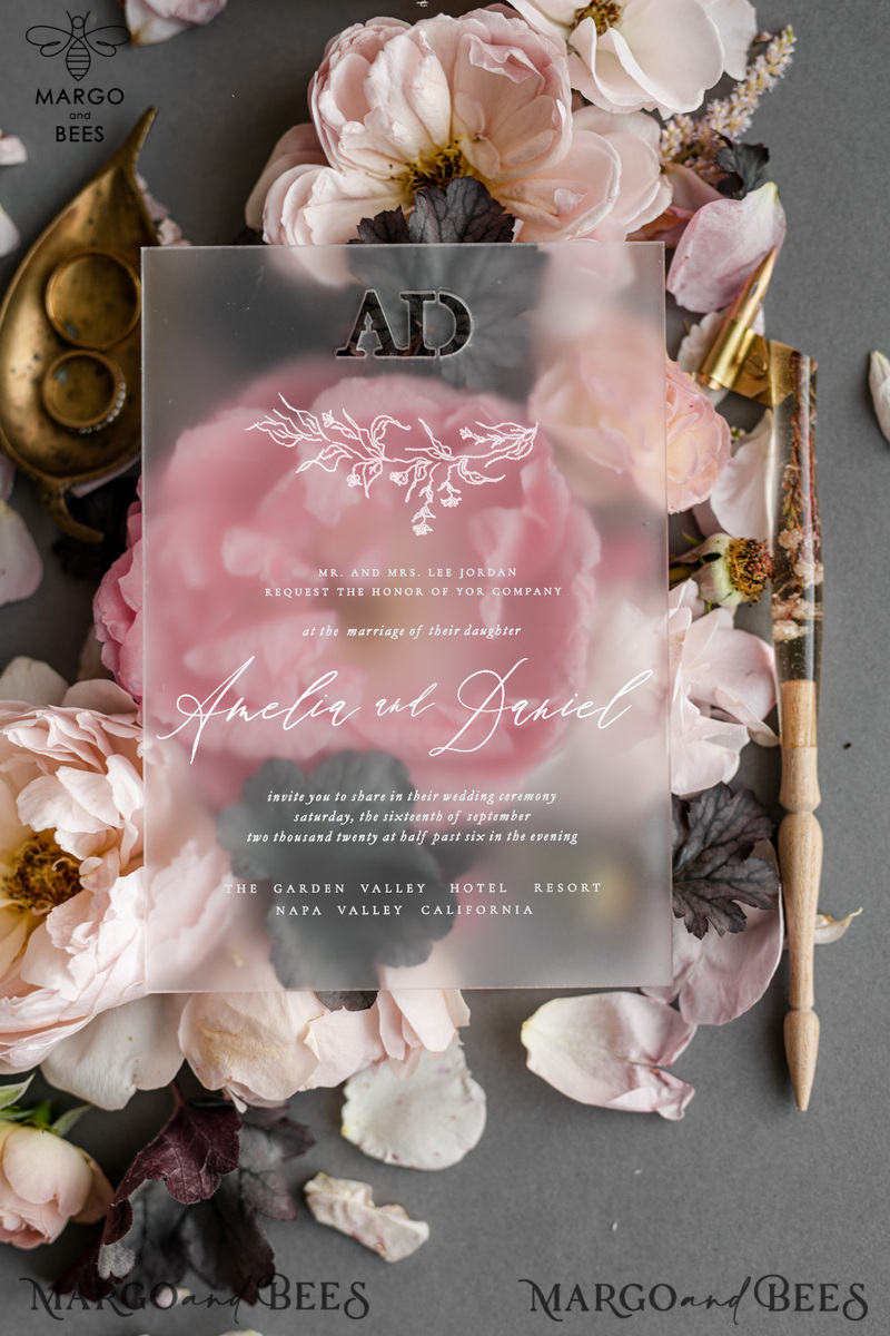  Luxury Frozen Acrylic Plexi Wedding Invitations With Engraved Initials, Romantic Blush Pink Wedding Invites, Elegant Floral Wedding Invitation Suite, Minimalistic Wedding Stationery-3