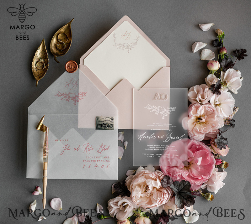  Luxury Frozen Acrylic Plexi Wedding Invitations With Engraved Initials, Romantic Blush Pink Wedding Invites, Elegant Floral Wedding Invitation Suite, Minimalistic Wedding Stationery-4