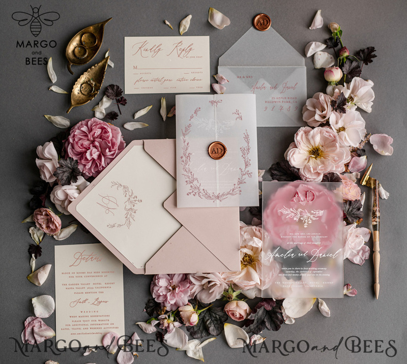  Luxury Frozen Acrylic Plexi Wedding Invitations With Engraved Initials, Romantic Blush Pink Wedding Invites, Elegant Floral Wedding Invitation Suite, Minimalistic Wedding Stationery-0