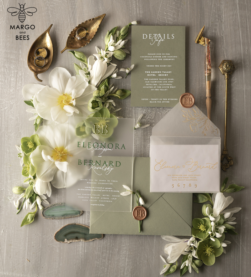Stylish clear green wedding invitation Monogram, sage green invitation suite, pistachio moss green stationery-1