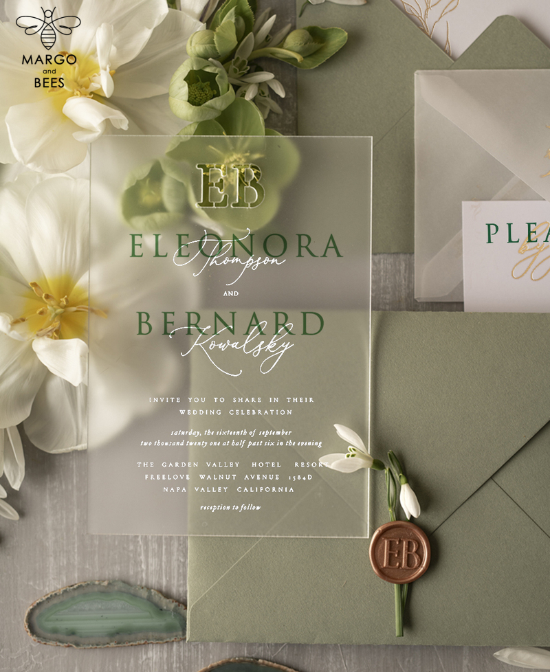 Stylish clear green wedding invitation Monogram, sage green invitation suite, pistachio moss green stationery-4