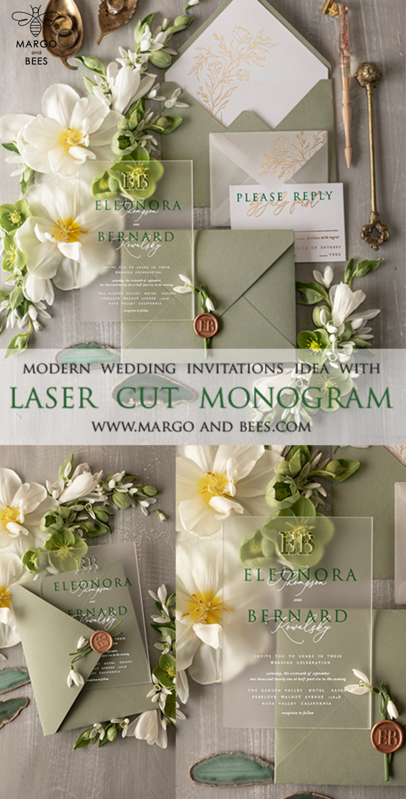 Stylish clear green wedding invitation Monogram, sage green invitation suite, pistachio moss green stationery-6