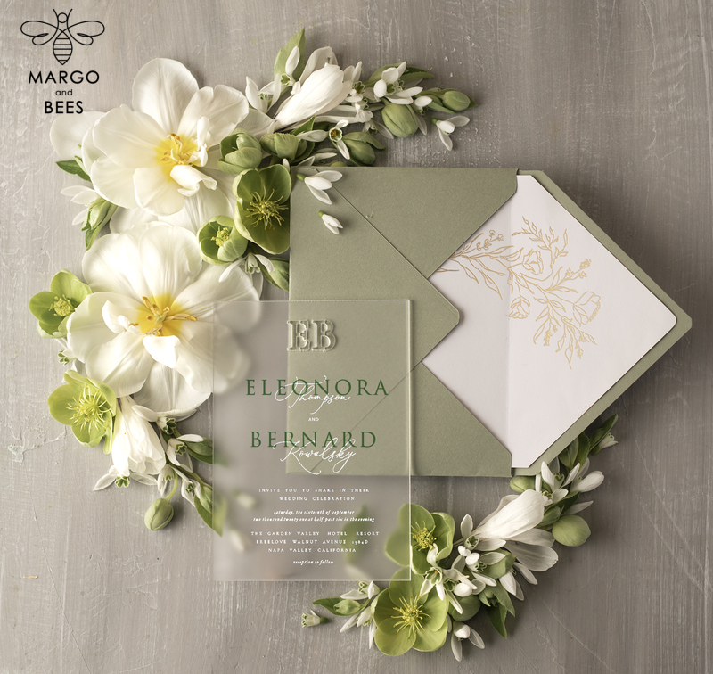 Stylish clear green wedding invitation Monogram, sage green invitation suite, pistachio moss green stationery-0