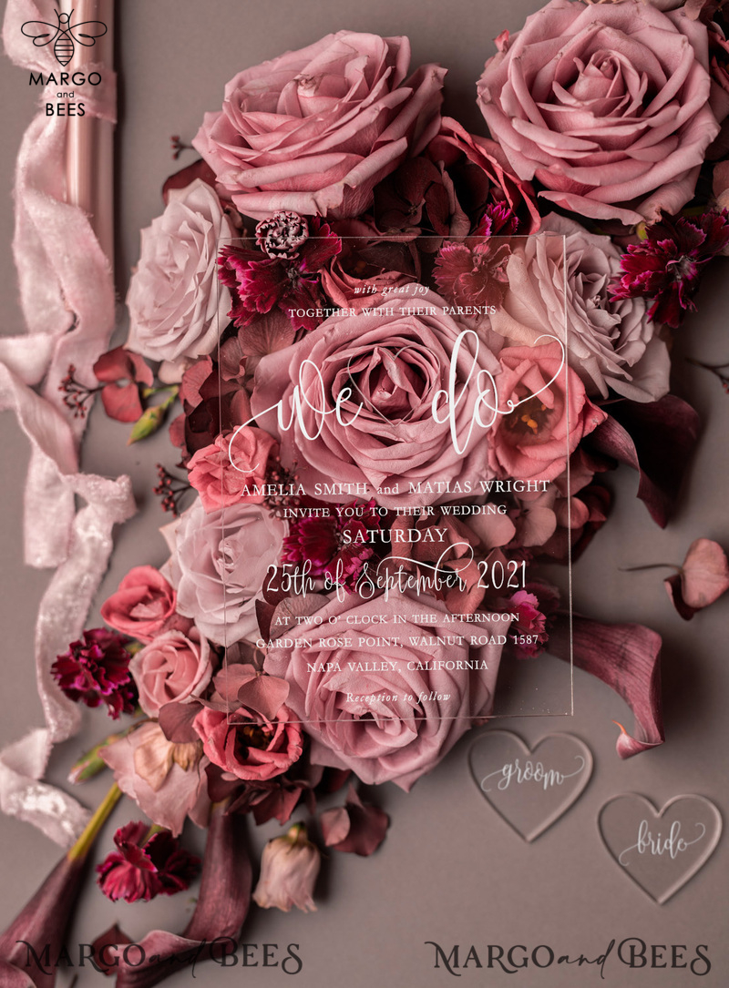 Elegant Acrylic Plexi Wedding Invites, Romantic Blush Pink Wedding Invitations, Bespoke Vellum Wedding Cards, Luxury Pink Wedding Invitation Suite-11
