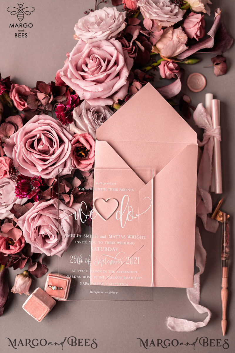  Elegant Acrylic Plexi Wedding Invites, Romantic Blush Pink Wedding Invitations, Bespoke Vellum Wedding Cards, Luxury Pink Wedding Invitation Suite-16